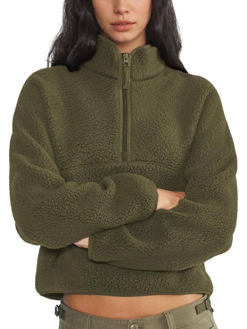 Women Olive 100% Polyester Mock-neck Fuzzy Sherpa Fleece Quarter Zip Sweatshirt